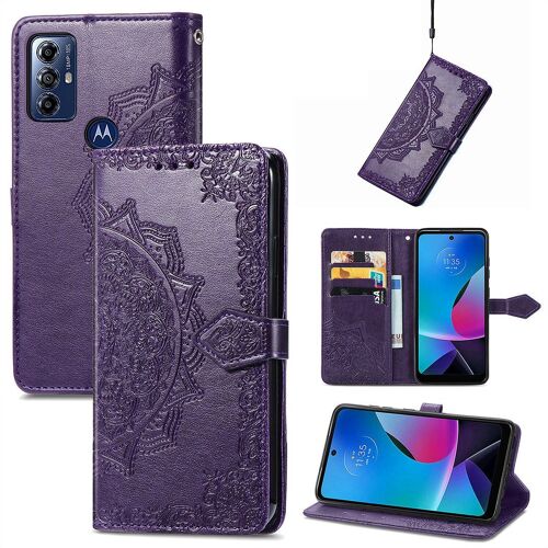 Saturcase Coque Pour Motorola Moto G Play 2023, Mandala Gaufrage Pu Cuir Magnétique Flip Portefeuille Support Porte-Carte Protecteur Housse Étui Avec Dragonne Pour Motorola Moto G Play 2023 (Violet)