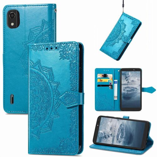 Saturcase Coque Pour Nokia C2 2nd Edition, Mandala Gaufrage Pu Cuir Magnétique Flip Portefeuille Support Porte-Carte Protecteur Housse Étui Avec Dragonne Pour Nokia C2 2nd Edition (Bleu)