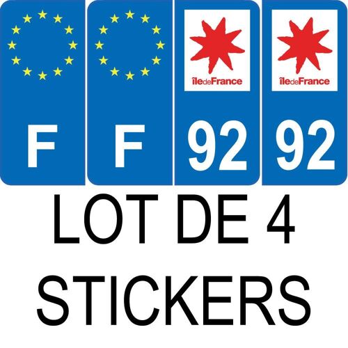 Lot De 4 Autocollants Bleu 92 Hauts De Seine Ile De France - F Europe Nouvelles Régions Immatriculation Auto Sticker - Arrondis