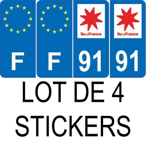 Lot De 4 Autocollants Bleu 91 Essonne Ile De France - F Europe Nouvelles Régions Immatriculation Auto Sticker - Arrondis
