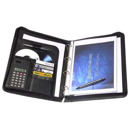 Genie 10742 Porte-Documents A4 Avec Classeur Et Calculatrice Intégrés, Plastique Résistant Aspect Cuir Avec Fermeture Éclair, Bloc-Notes A4 Et Porte-Stylo Noir