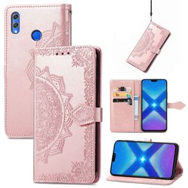 Saturcase Coque Pour Huawei Honor 8x, Mandala Gaufrage Pu Cuir Magnétique Flip Portefeuille Support Porte-Carte Protecteur Housse Étui Avec Dragonne Pour Huawei Honor 8x (Or Rose)