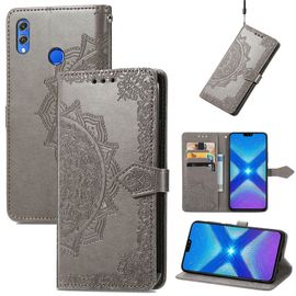Saturcase Coque Pour Huawei Honor 8x, Mandala Gaufrage Pu Cuir Magnétique Flip Portefeuille Support Porte-Carte Protecteur Housse Étui Avec Dragonne Pour Huawei Honor 8x (Gris)