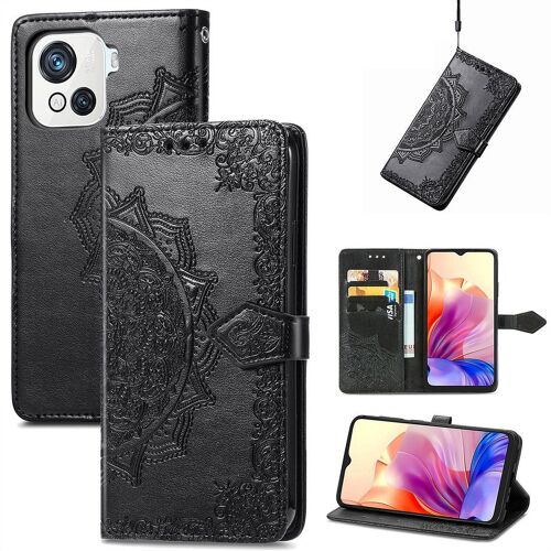Saturcase Coque Pour Blackview Oscal C80, Mandala Gaufrage Pu Cuir Magnétique Flip Portefeuille Support Porte-Carte Protecteur Housse Étui Avec Dragonne Pour Blackview Oscal C80 (Noir)