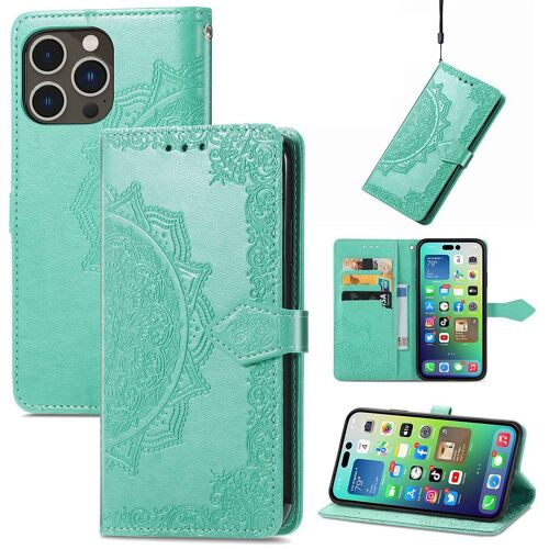 Saturcase Coque Pour Apple Iphone 14 Pro Max, Mandala Gaufrage Pu Cuir Magnétique Flip Portefeuille Support Porte-Carte Protecteur Housse Étui Avec Dragonne Pour Apple Iphone 14 Pro Max (Vert)