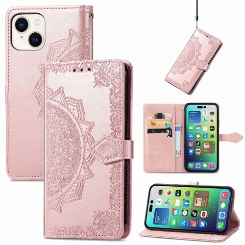 SATURCASE Coque pour Apple iPhone 14 Plus, Mandala Gaufrage PU Cuir Magnétique Flip Portefeuille Support Porte-carte Protecteur Housse Étui avec Dragonne pour Apple iPhone 14 Plus (Or rose)