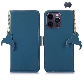 Étui en cuir véritable RFID magnétique pour iPhone 16 Pro Max - Bleu