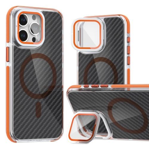 Étui Bicolore En Fibre De Carbone Pour Iphone 16 Plus Avec Support Pliable Magsafe (Orange)