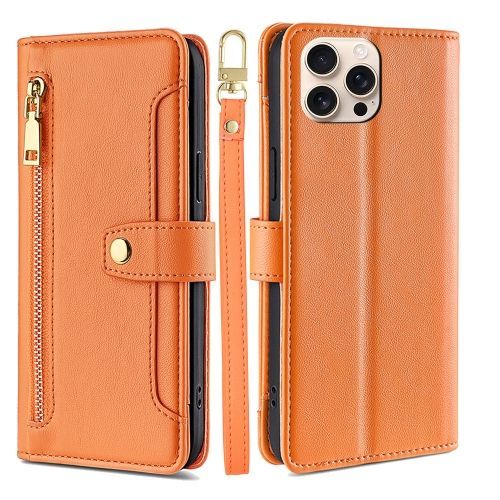 Étui Portefeuille En Cuir Zippé Pour Iphone 16 Plus - Texture Mouton (Orange)