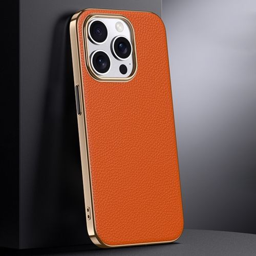 Étui En Cuir De Vachette Pour Iphone 16 Plus - Couche Supérieure Galvanisée (Orange)