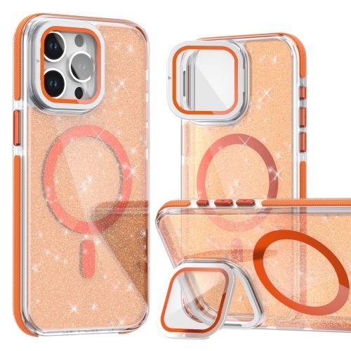 Étui Magsafe Pour Iphone 16 Plus Avec Support D'objectif En Poudre Pailletée Bicolore (Orange)