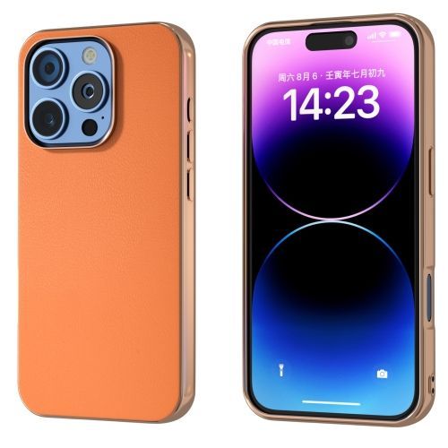 Étui Complet En Pu Cuir Pour Iphone 16 Plus - Cadre Galvanoplastie (Orange)