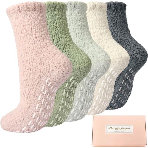 Tianyi-Chaussettes Chaudes Antidérapantes Femmes Hiver, Chaussettes Chaussons Avec Poignées, Épaisses Et Moelleuse Chaussettes Idée Cadeau Pour Elle, 5 Paires