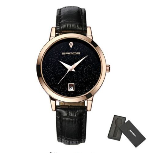 Montre De Luxe Pour Femme, Étanche 30m De Marque Sanda, Montre Quartz Heure & Calendrier Date, Bracelet En Cuir Noir Et Coffret