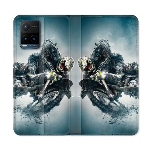 Housse Cuir Portefeuille Pour Vivo Y21 / Y21s / Y33s Moto Cross Ombre