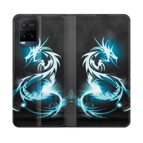 Housse Cuir Portefeuille Pour Vivo Y21 / Y21s / Y33s Fantastique Dragon Bleu