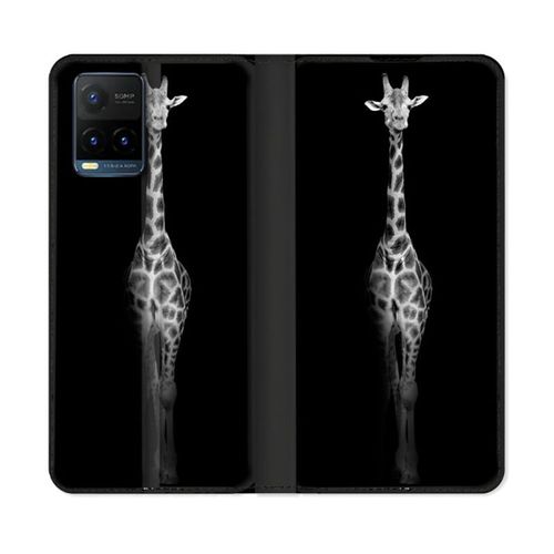 Housse Cuir Portefeuille Pour Vivo Y21 / Y21s / Y33s Animal Girafe Noire