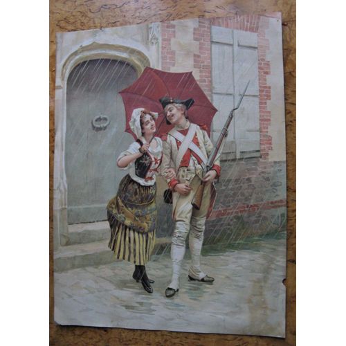 Gravure Ancienne 19° Femme Et Militaire Chromolithographie
