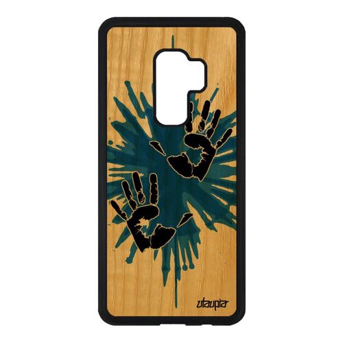 Coque bois S9 Plus silicone main homme hipster case Bleu peinture Samsung Galaxy S9 Plus