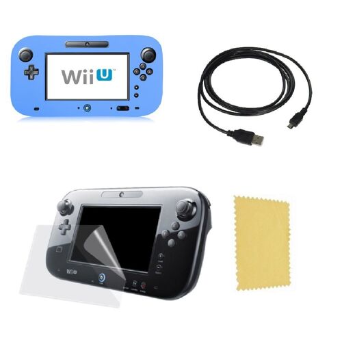 Pack 3 en 1 Nintendo Wii U Gamepad : Housse silicone Bleu - Chargeur USB 3.0 - Protection écran
