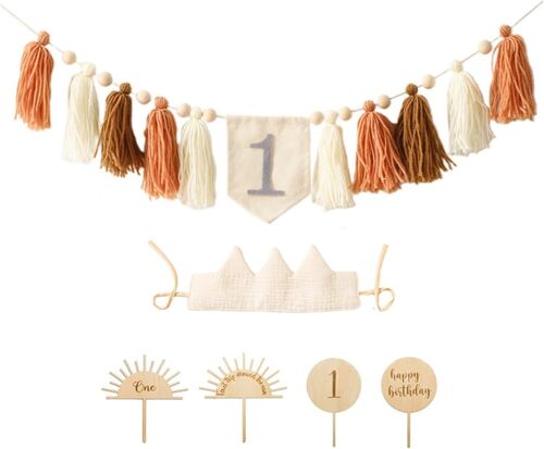 Kit de décoration d'anniversaire pour bébé - 1er anniversaire garçon fille - 1er décoration d'anniversaire d'enfant avec chapeau de couronne, décoration de gâteau et bannière(Beige)