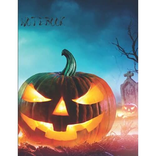 Notebook Jack-O-Lantern In Cemetery: Wide Ruled Line Dot Paper Large Student Journal With Dotted Lines. Perfect For Practicing Letters And Improve Handwriting