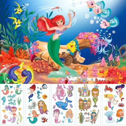 Autocollants De Tatouage Temporaire Animal, 10 Feuilles, 3d, Dessin Animé Sirène Poisson De Mer, Tatouage De Fête Étanche, Ensemble Pour Enfants, Cadeaux Pour Filles
