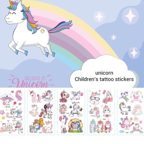 Autocollants De Tatouages Temporaires Licorne De Dessin Animé, 10 Feuilles/Paquet, Ensemble Pour Enfants, Cadeau Pour Fille Et Garçon