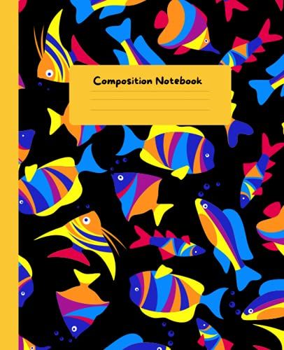 Composition Notebook: Bright Seamless Sea Life Pattern Of Swimming Colorful Fishes | Wide Ruled Paper Book 7.5" X 9.25" - 100 Pages | Back To ... Girls, Boys, Elementary, College, Study Notes