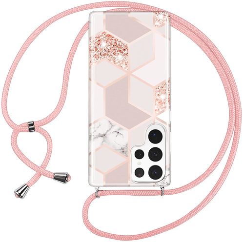 Coque Cordon Pour Samsung Galaxy S22 Ultra, Antichoc Protection Motif Marbre Rose - E.F.Connection