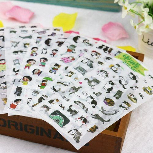 Autocollants Créatifs Transparents En Pvc, Stickers Décoratifs Pour Album Photo Chat Noir Et Blanc Mignon, Jouet De Bricolage Pour Enfant, 6 Feuilles/Ensemble
