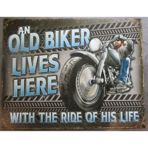 Plaque Old Biker Lives Here Fan Moto Affiche Déco Metal Pub 41x32cm