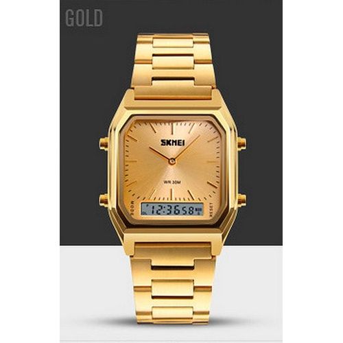 Montre Double Affichage Analogique + Digital Chic Classique Tendance Youngtimer Style Vintage Des Casio Des Années 70 - Affichage Numérique: Chronomètre Alarme Calendrier. Acier Couleur Or.