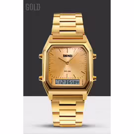 Montre Double Affichage Analogique + Digital Chic Classique Tendance Youngtimer Style Vintage Des Casio Des Années 70 - Affichage Numérique: Chronomètre Alarme Calendrier. Acier Couleur Or.