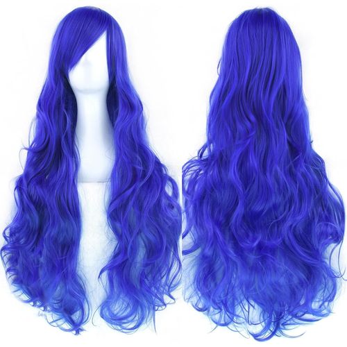 Tianyi-80cm Longue Perruque De Cosplay De Cheveux Naturels Bouclés Avec Une Frange Colorée Halloween Costume Party Perruques Pour Les Femmes (Bleu)