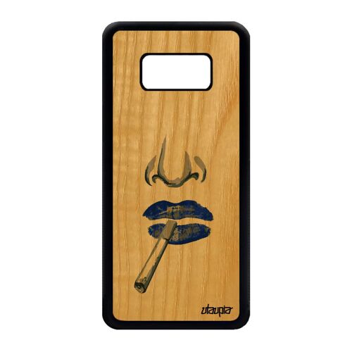 Coque S8 en bois silicone visage noir rigide cigarette etui bleu Samsung Galaxy S8