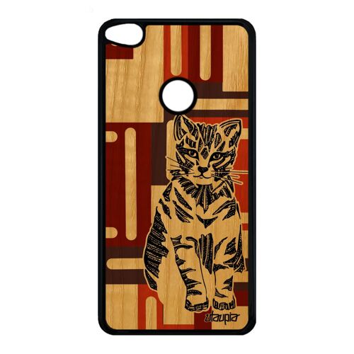 Coque en bois Huawei P8/P9 Lite 2017 silicone chat cube dessin Marron housse de