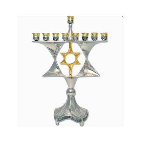 BOUGEOIR menorah DESIGN Hanoukka Chanukkiah plaqué argent OR étoile d David CHANDELIER neuf branches dixième bougie s’appell Shamash utilisée pour allumer les autres bougies JERUSALEM ISRAEL NOUVEL AN