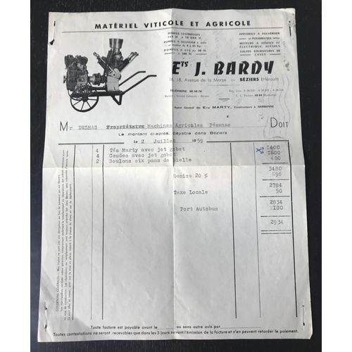 Facture Matériel Viticole Et Agricole 1959