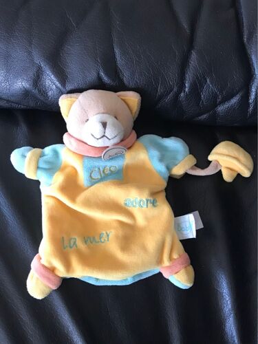 DOUDOU PLAT MARIONNETTE BABY NAT CHAT CLEO ADORE LA MER JAUNE BLEU BATEAU 20CM