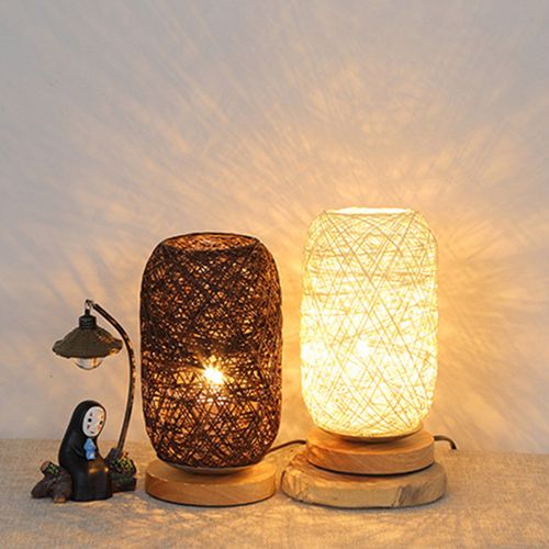 Lampe De Chevet Led En Rotin Avec Alimentation Usb, Abat-Jour Rustique, Base En Bois, Pour Maison, Accessoires De Chambre À Coucher