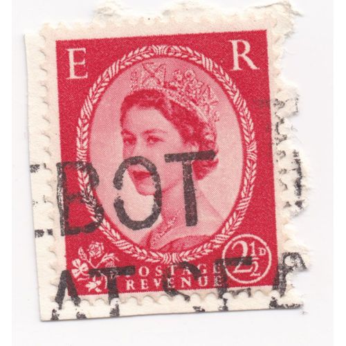 Timbre Royaume Uni : Timbre Oblitéré, Reine Elizabeth I I De Trois Quart Face Dans Un Cadre Ovale Sur Fond Rouge, 2 Pence Half A Penny