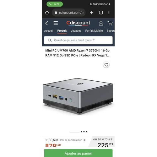 Mini PC UM700 AMD Ryzen 7 3750H - 2.3 Ghz - Ram 16 Go - SSD 512 Go