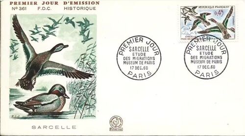 France 1960, Belle Enveloppe 1er Jour Fdc 361, Timbre Yvert 1275, Muséum De Paris, La Sarcelle, Étude Des Migrations, Tbe.