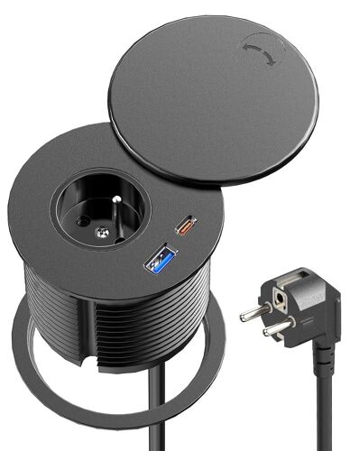 CHENG-Bloc Prise Encastrable USB C PD20W, Multiprise Encastrable Plan de Travail avec 1 Prise française, 1 Port Type C, 1 Port USB A, Prise Bureau pour la Cuisine, 80 mm de Diamètre, Câble de 2m