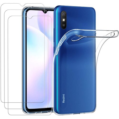 Coque Pour Xiaomi Redmi 9a Xiaomi Redmi 9at, Avec 3 Pièces En Verre Trempé, Coque De Protection En Silicone Tpu Souple Transparent Anti Choc Etui Mince Anti Rayures