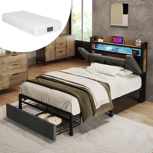 Tête De Lit Escamotable Avec Usb Type C Avec Éclairage Led Et Tiroirs, Lit Simple 90 X 200, Gris (Avec Matelas)