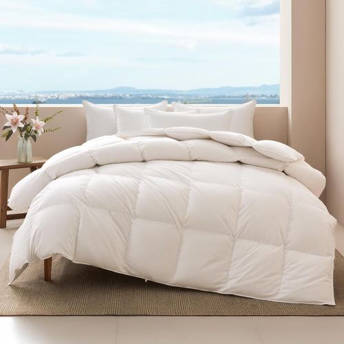 Buen-Couette 220x240 4 Saisons En 50% Duvet Et 50% Plumes, 100% Coton Bio Couette 2 Personnes Ultra Gonflante, Édredon Duvet 220x240 Tempérée Hypoallergénique, Certifié Oeko-Tex Et Rds
