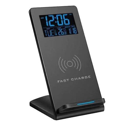 Horloge de bureau avec affichage de l'heure / température et station d'accueil de chargeur sans fil pour IOS et Android, pour chambre à coucher