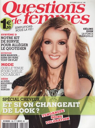 Questions De Femmes (Pocket) / 10-2013 N°189 : Céline Dion (4p) - Adèle Exarchopoulos (2p) - Mélissa Theuriau (2p) - Helena Noguerra (3/4p) - Amélie Nothomb (3/4p) - John Lennon (4p)